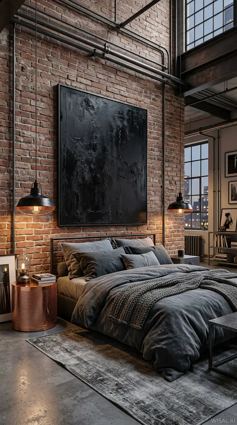 14. The Curator’s Gallery: Raw Brick Industrial Bedroom Idea