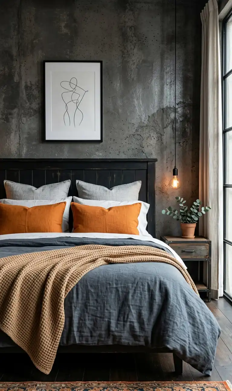 39+ Inspiring Bedroom Ideas: Where Rustic Simplicity Meets Dark Palace Elegance. - A professional interior shot of a bedroom with an "Industrial Chic" vibe. The camera is at a medium-long distance, capturing the bed and the window.