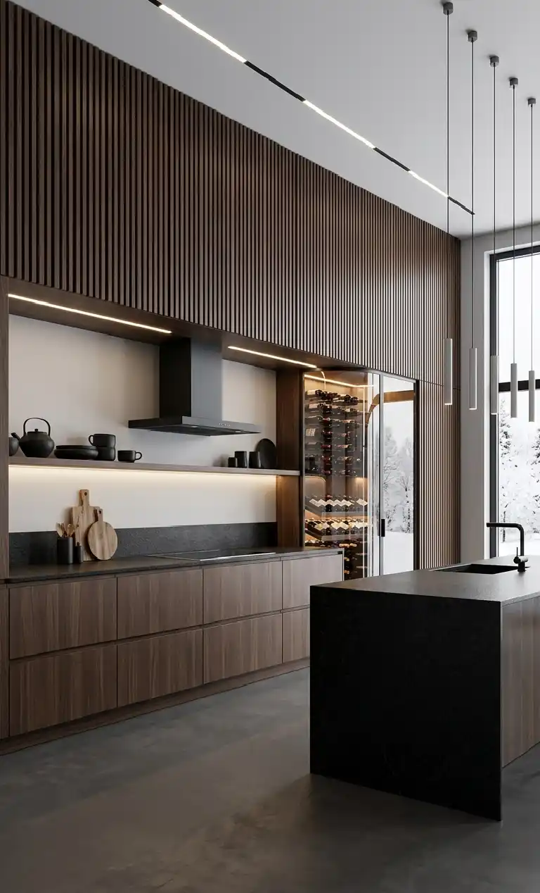 +30 Luxury Modern Kitchen Ideas: Redefining Industrial Noir and Japandi Minimalism -  Luxury Modern Kitchen Idea: Slat-Wall with Hidden Wine Cellar