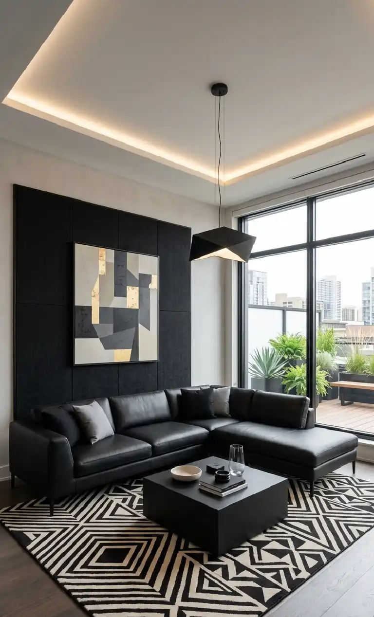 Obsidian Dreams: 22 Black Living Room Ideas to Transform Your Space 2026 - Geometric Simplicity  living room