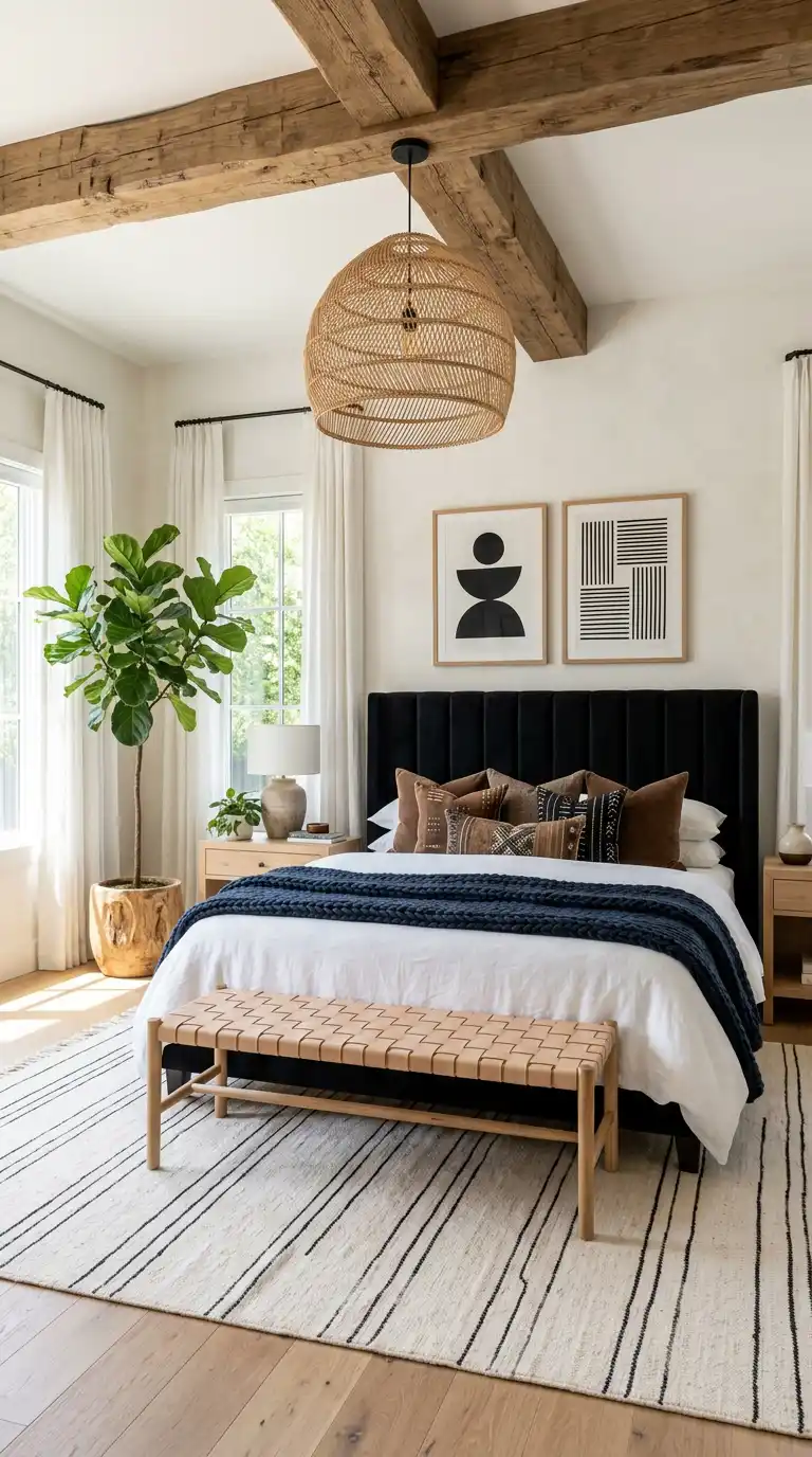 Elegant BOHO Bedroom Idea: The Industrial Concrete & Macramé Loft - Elegant BOHO Bedroom Idea: The Modern Noir & Timber Sanctuary