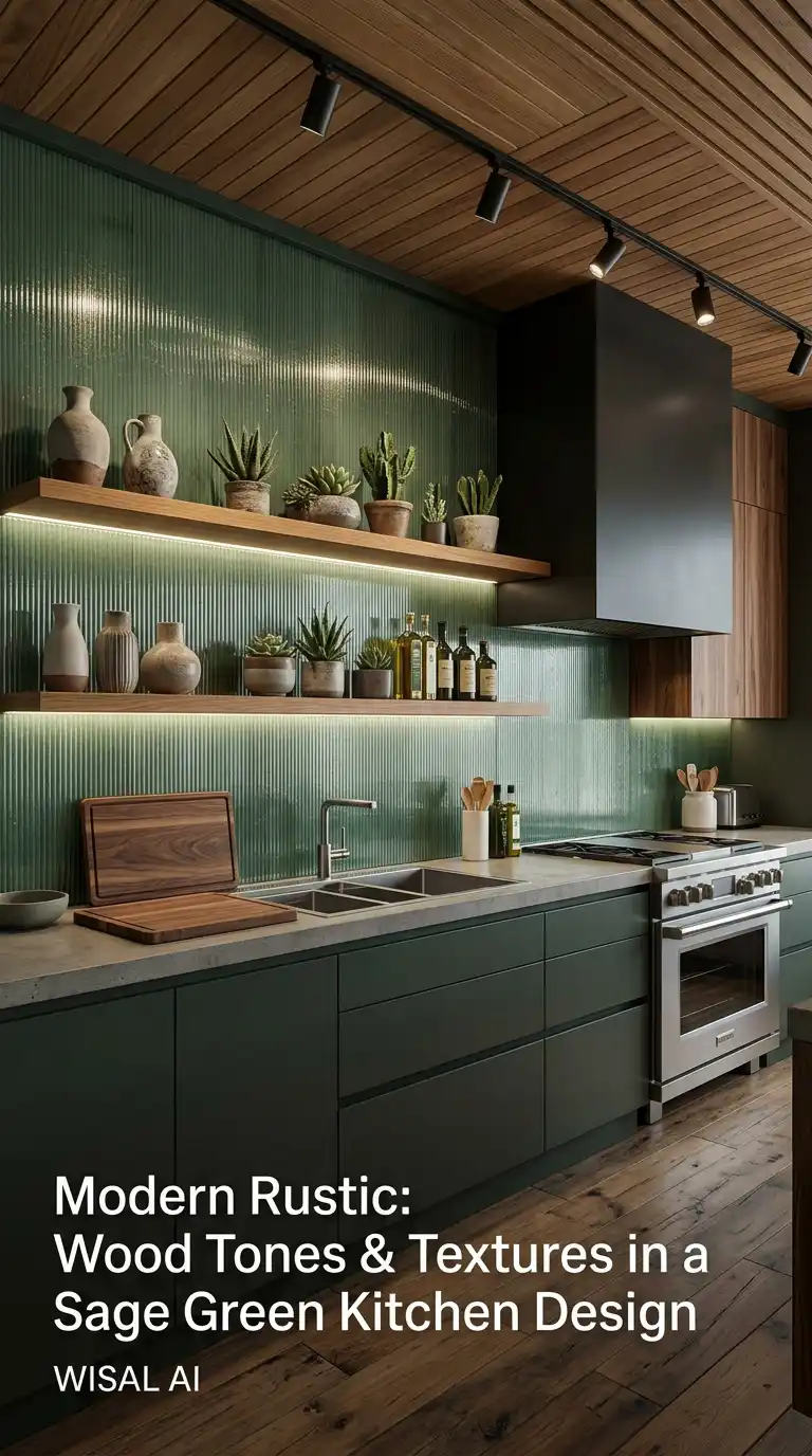 14. Modern Rustic: Wood Tones and Textures in a Sage Green Kitchen Design