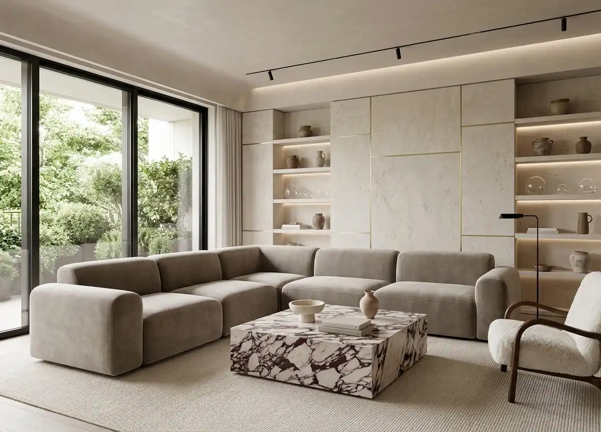 Modern Living Room Idea: The Contrast of Stone and Timber -  Modern Living Room Idea: The Monochromatic Stone & Silk Lounge