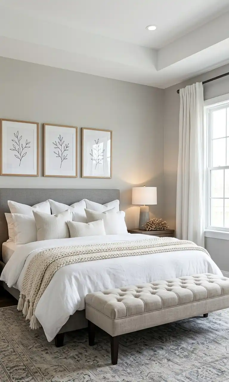 39+ Inspiring Bedroom Ideas: Where Rustic Simplicity Meets Dark Palace Elegance. - Walls & Paint: The walls are painted in a soothing, soft, light warm gray. The ceiling features a subtle tray design and is painted a clean, slightly brighter white, with a single recessed LED pot light.