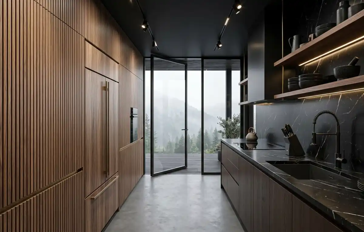 +30 Luxury Modern Kitchen Ideas: Redefining Industrial Noir and Japandi Minimalism -  Luxury Modern Kitchen Idea: Slat-Wall and Noir Slate Galley