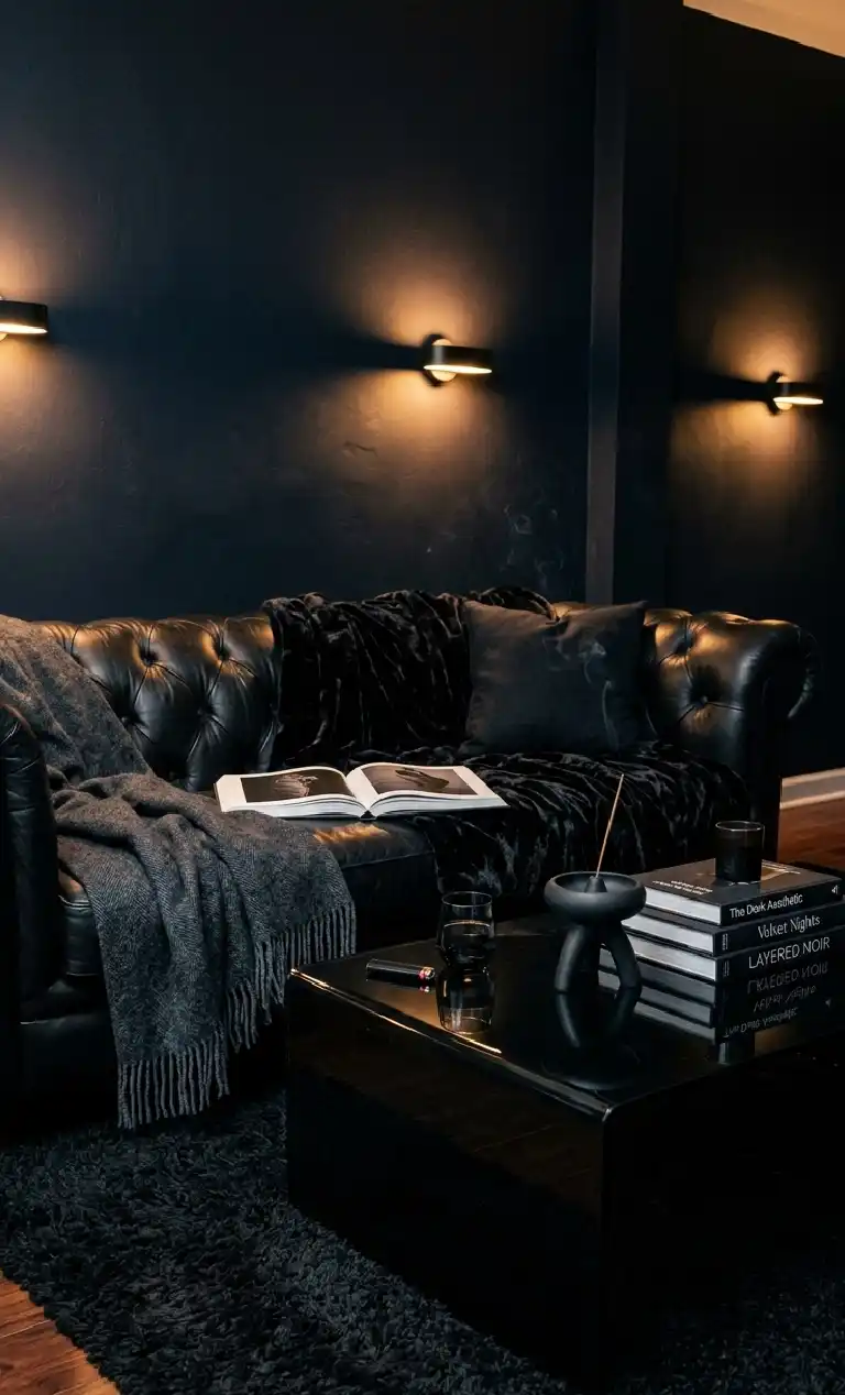 Obsidian Dreams: 22 Black Living Room Ideas to Transform Your Space 2026 - Layered Noir living room