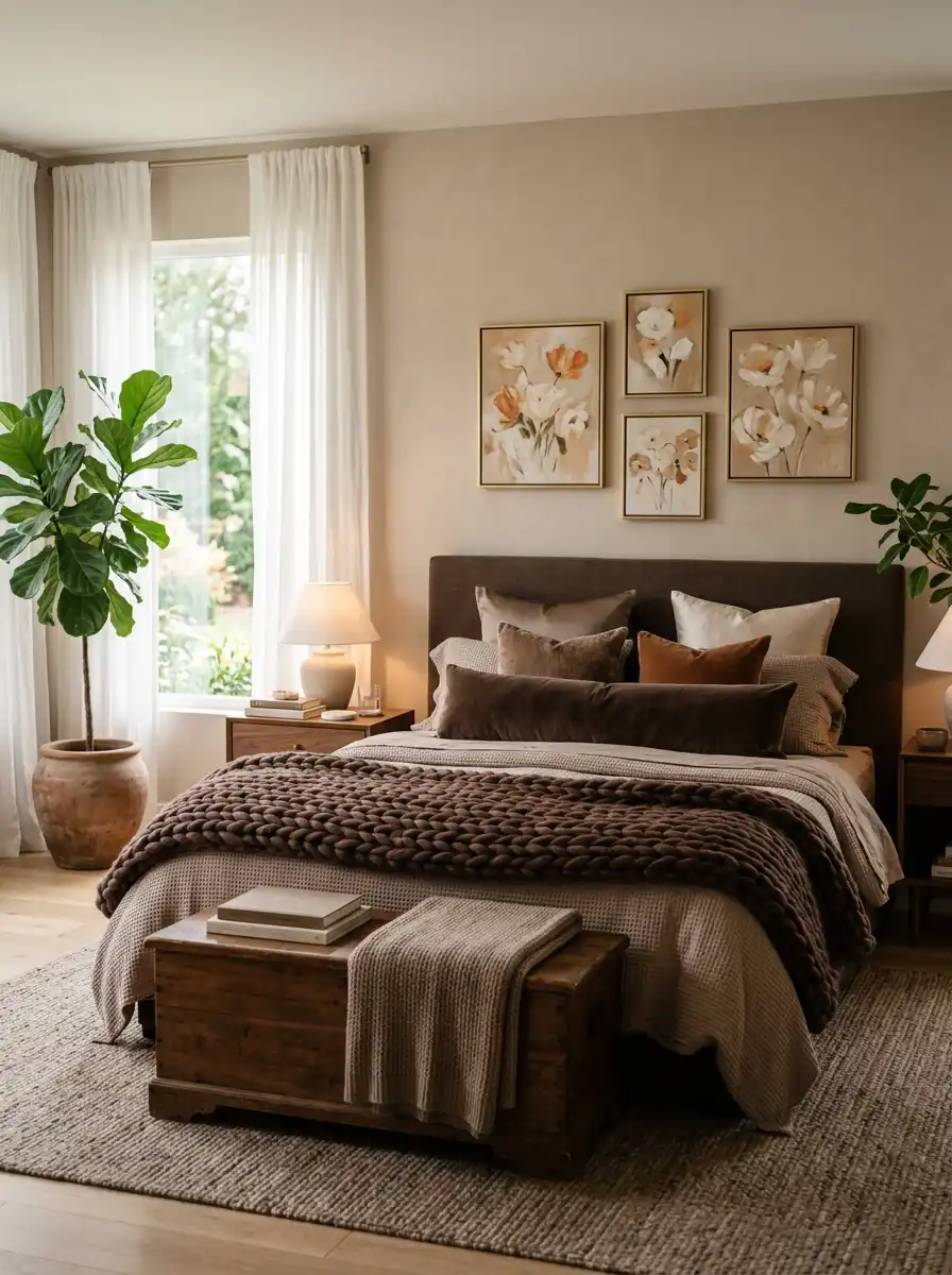 Luxury Mocha Bedroom Idea: The Textured Earth Tonal Suite - Luxury Mocha Bedroom Idea: The Rustic Log-Pile Concept