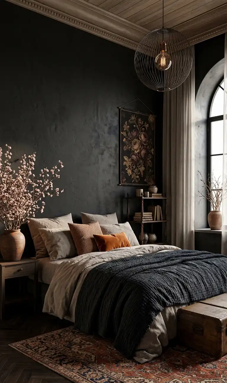 39+ Inspiring Bedroom Ideas: Where Rustic Simplicity Meets Dark Palace Elegance. - Walls & Paint: The walls are the main feature: a very dark, matte, char-black with a hand-applied plaster texture, giving it a rich, old-world depth. One wall (to the right) has a simple, narrow dark wooden shelf.
