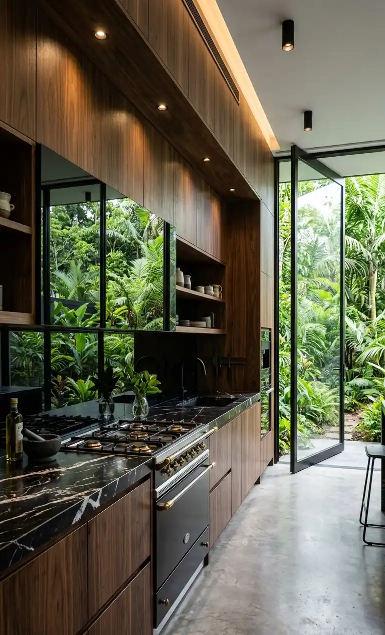 +30 Luxury Modern Kitchen Ideas: Redefining Industrial Noir and Japandi Minimalism -  Luxury Modern Kitchen Idea: Biophilic Noir and Tropical Contrast