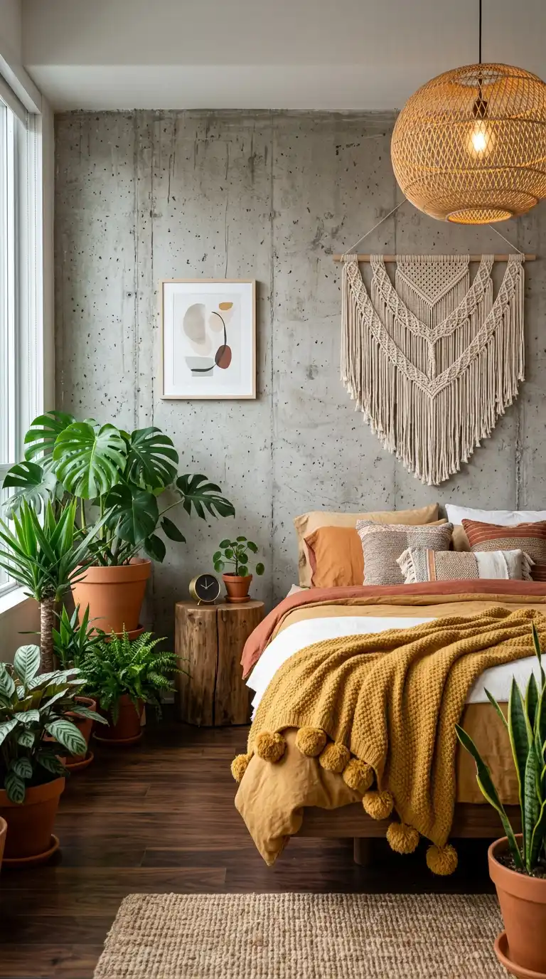 Elegant BOHO Bedroom Idea: The Modern Noir & Timber Sanctuary - Elegant BOHO Bedroom Idea: Industrial Concrete Fusion