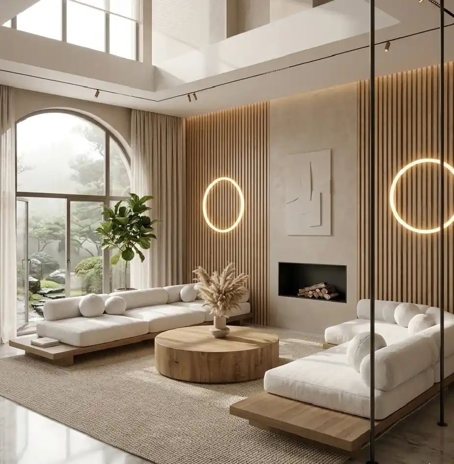  Modern Living Room Idea: The Monochromatic Stone & Silk Lounge - Modern Living Room Idea: The Sun-Drenched Minimalist Loft