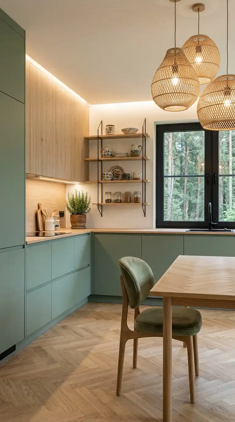 15. Modern Scandinavian Hygge: Light Wood and Velvet Textures in a Sage Green Kitchen Design