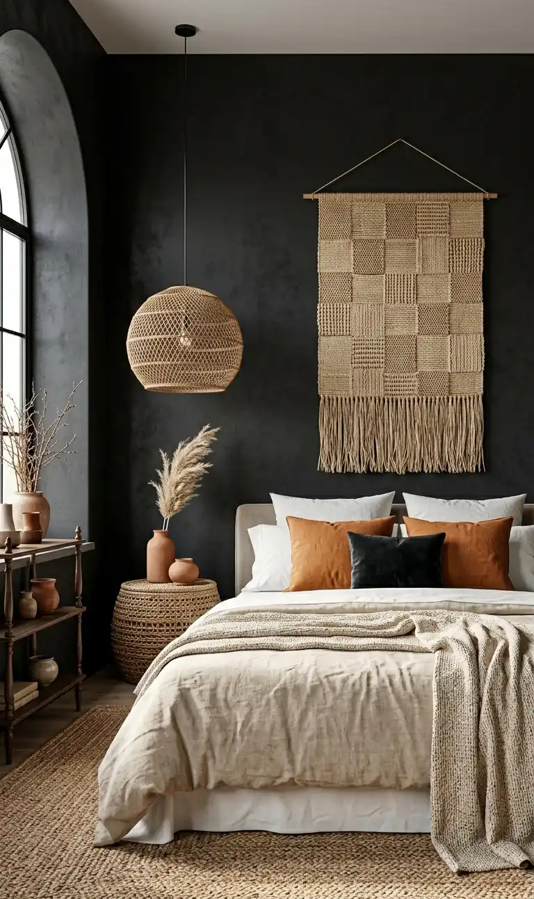 39+ Inspiring Bedroom Ideas: Where Rustic Simplicity Meets Dark Palace Elegance. - Walls & Paint: The wall behind the bed is painted in a deep, matte, velvet-finish char-black, providing a stark contrast to the natural textures.