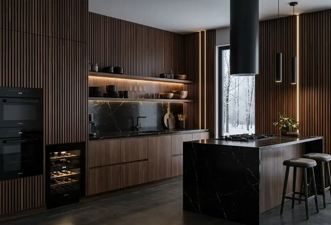 +30 Luxury Modern Kitchen Ideas: Redefining Industrial Noir and Japandi Minimalism -  Luxury Modern Kitchen Idea: Floor-to-Ceiling Slat-Wall Elegance