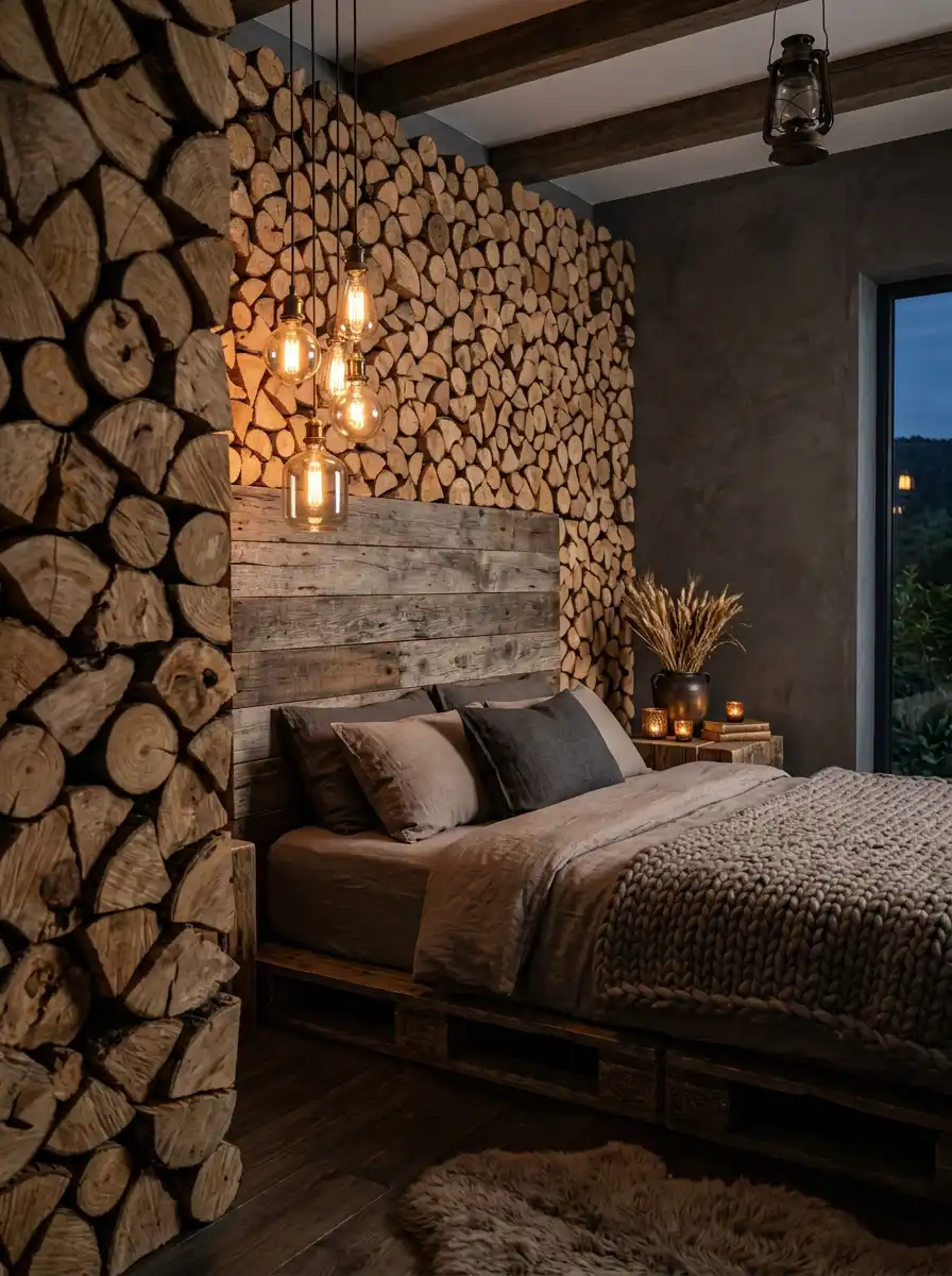 Luxury Mocha Bedroom Idea: The Rustic Log-Pile Concept - Luxury Mocha Bedroom Idea: The Stone & Timber Monolith