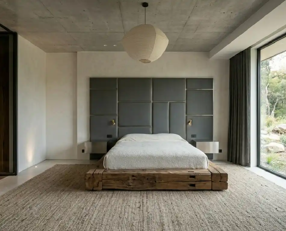 The Art of Japandi: 15  Inspiring Bedroom Designs for a Serene Sanctuary - Polished Plaster and Reclaimed Teak Japandi Bedroom Idea  Technical Description: This iteration explores the balance between smooth, hand-troweled Venetian plaster and the rugged texture of reclaimed teak wood. The walls are finished in a neutral off-white lime-based plaster, providing a breathable and eco-friendly surface that reflects soft light.