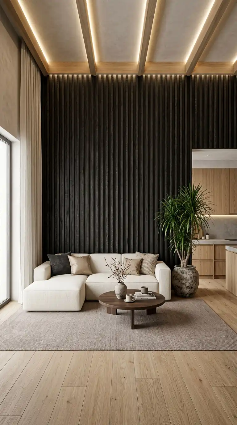2. Vertical Harmony: Texture-Rich Japandi Living Room Design