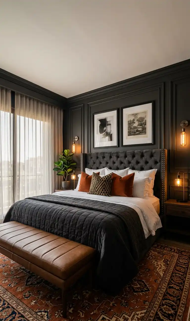 39+ Inspiring Bedroom Ideas: Where Rustic Simplicity Meets Dark Palace Elegance. - Walls & Paint: The walls are painted in a very dark, almost black, char-gray with a distinct architectural feature: full floor-to-ceiling picture-frame applied molding, painted to match the dark color. 