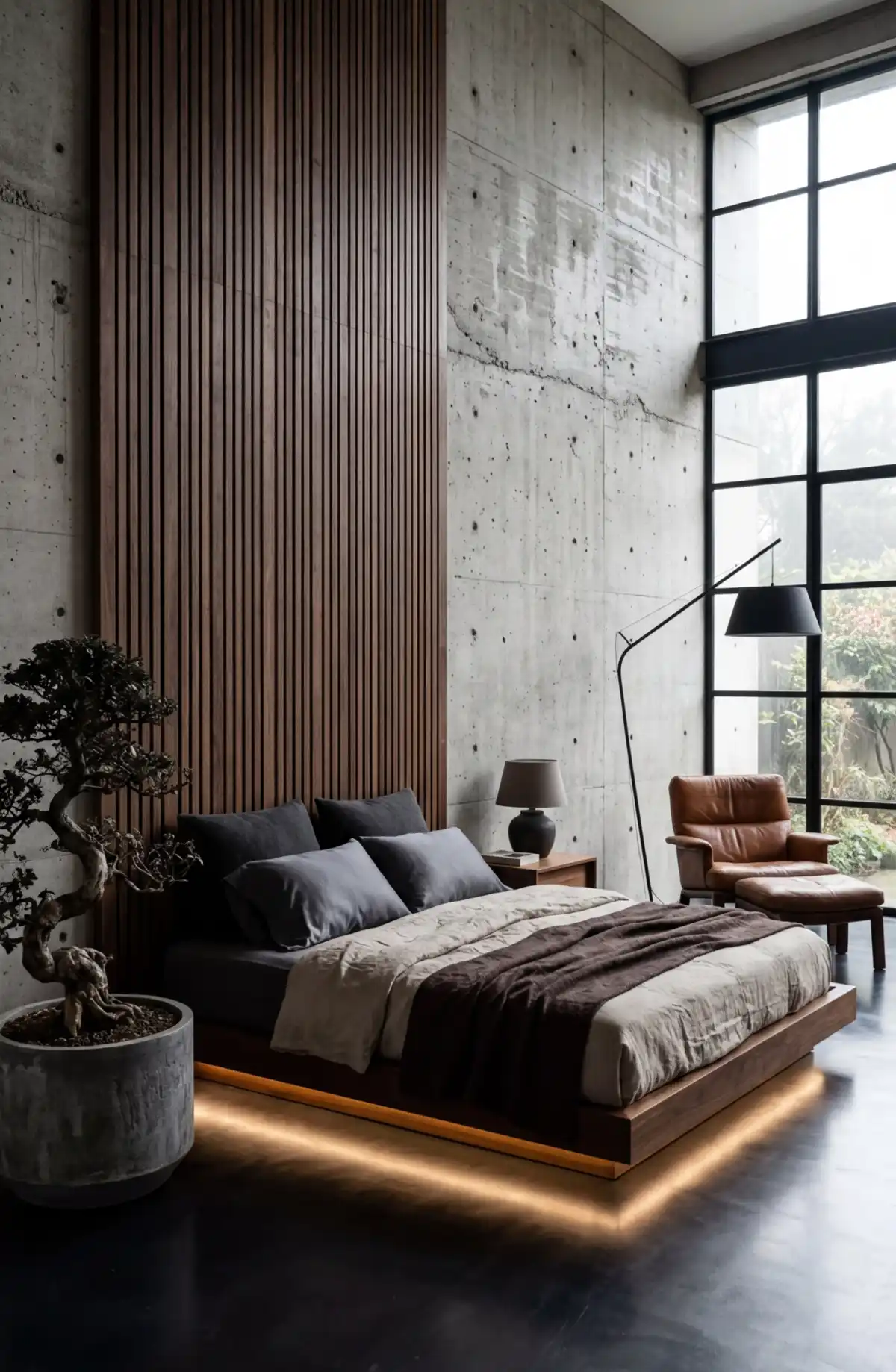25 Best Japandi Bedroom Ideas to Transform Your Space into a Serene Sanctuary - A cinematic, wide-angle interior photograph of a master Japandi bedroom with an industrial edge.