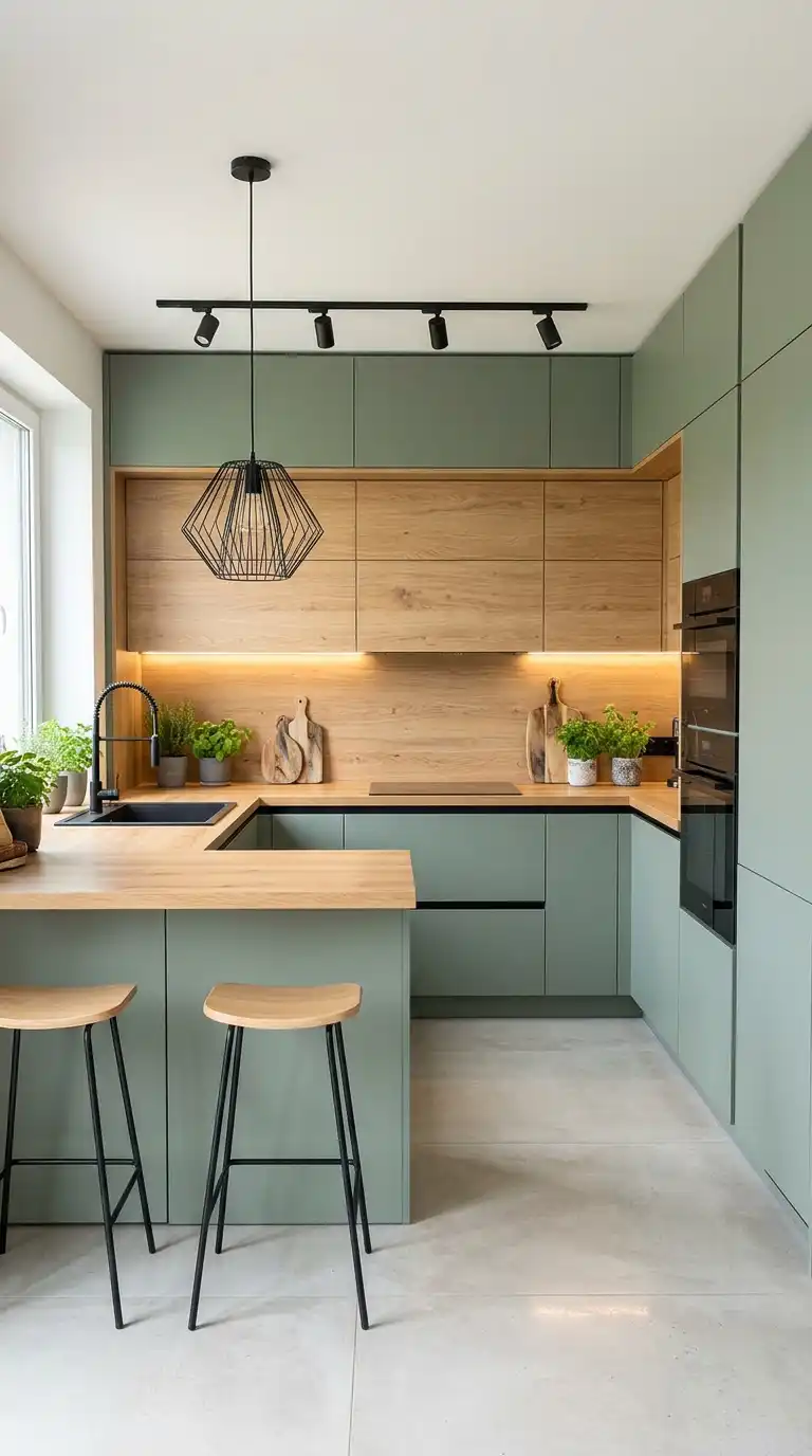 16. Contemporary Contrast: Frameless Design and Light Oak in a Sage Green Kitchen Design