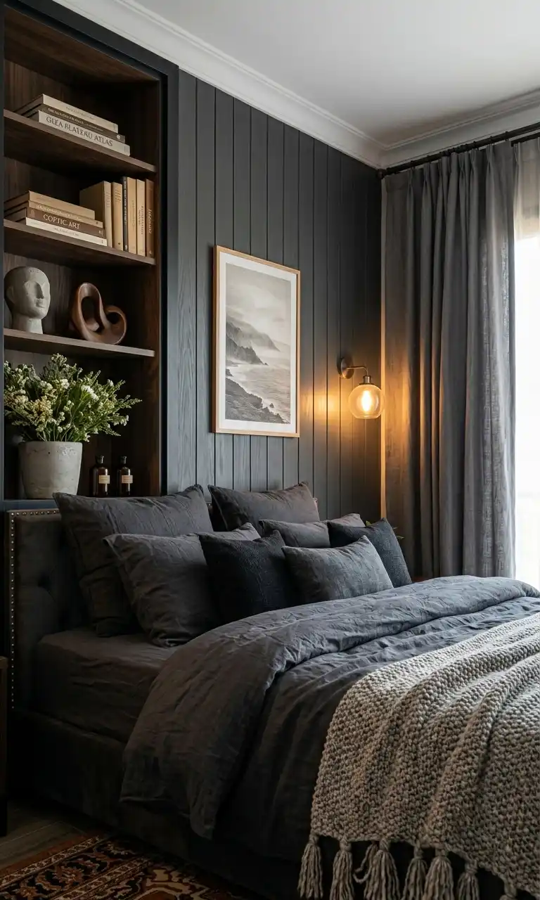 39+ Inspiring Bedroom Ideas: Where Rustic Simplicity Meets Dark Palace Elegance. - Walls & Paint: The main wall is covered in vertical, dark char-gray painted wood shiplap or beadboard paneling. This paneling ends where the dark wood bookshelf unit begins on the left. The ceiling is a crisp white