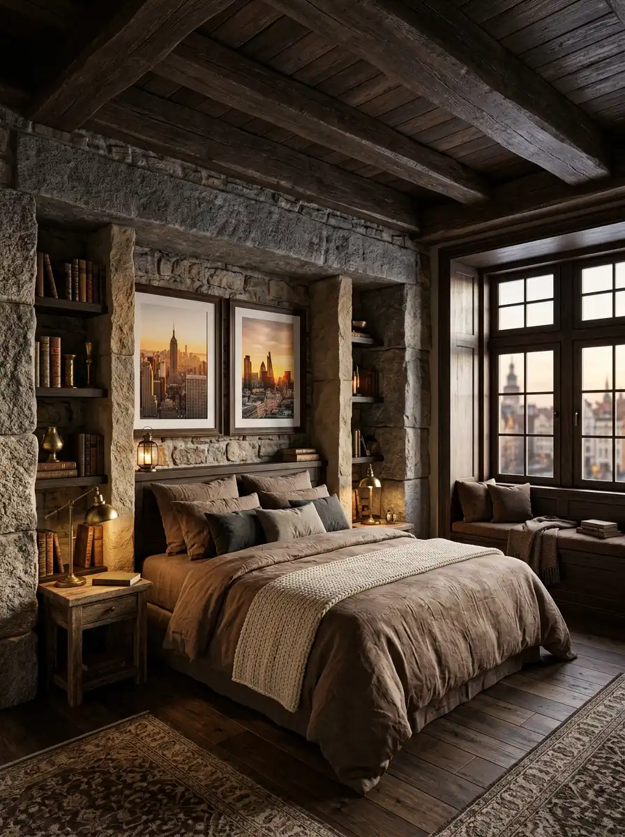 Luxury Mocha Bedroom Idea: The Stone & Timber Monolith - Luxury Mocha Bedroom Idea: The Skyscraper Sunset Suite
