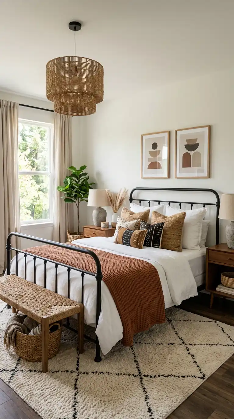 Elegant BOHO Bedroom Idea: Minimalist Cane Elegance - Elegant BOHO Bedroom Idea: The Rustic Iron & Walnut Retreat