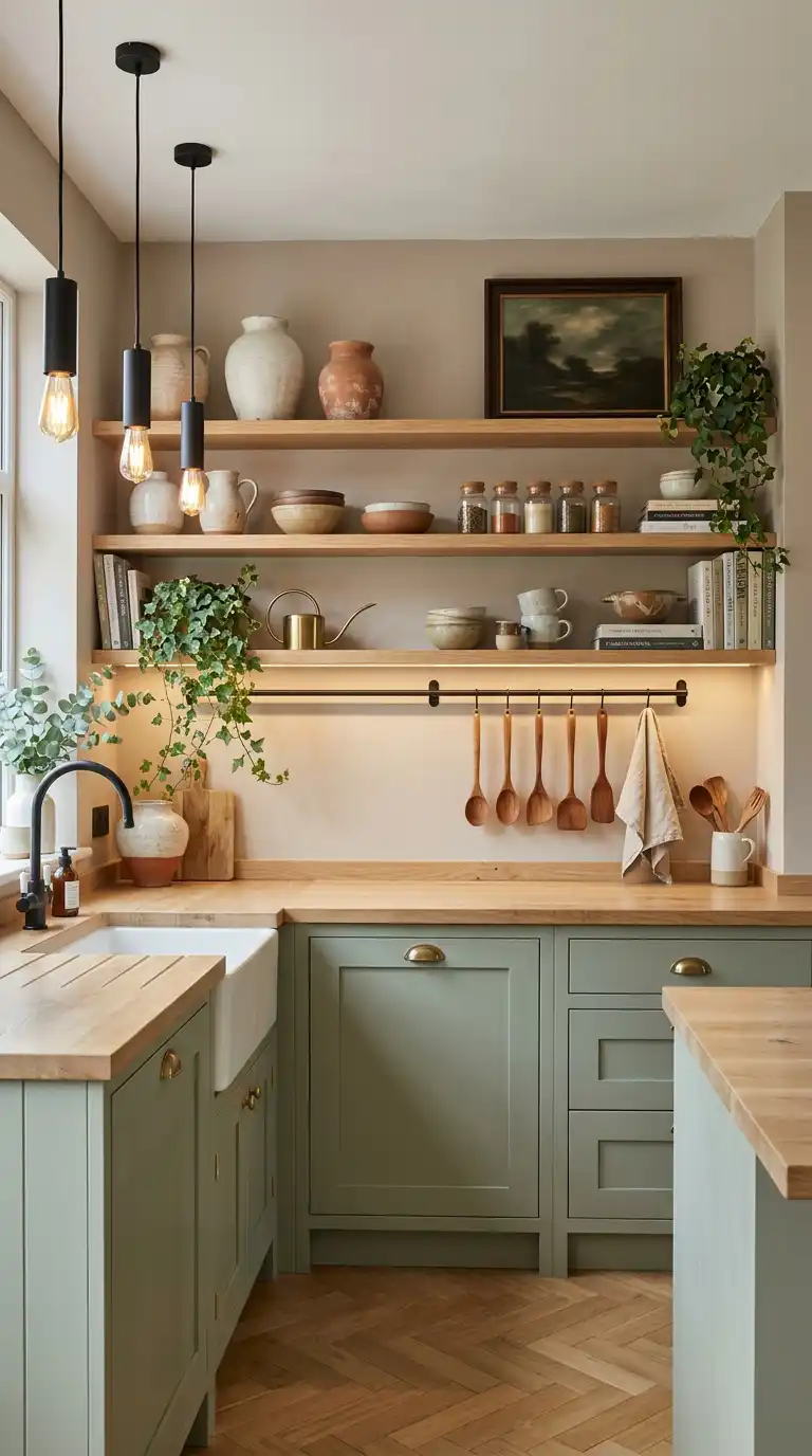 17. A Gallery of Curated Style: Sage Green Kitchen Design with Open Shelving and Art