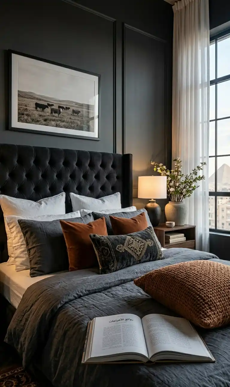 39+ Inspiring Bedroom Ideas: Where Rustic Simplicity Meets Dark Palace Elegance. - Walls & Paint: The wall behind the bed is a dark, matte, charcoal-gray with full architectural picture-frame applied molding, painted in the same dark color.