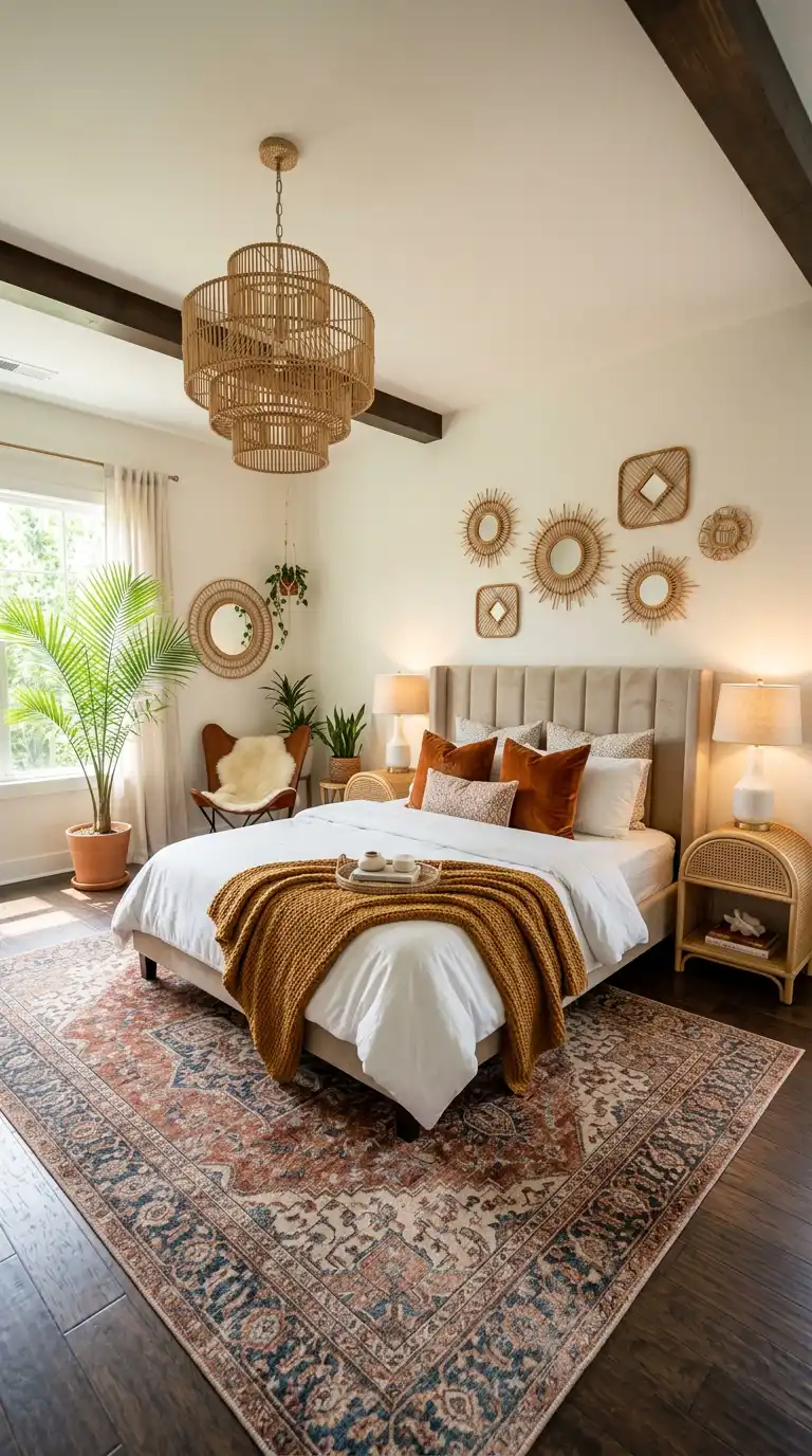 Elegant BOHO Bedroom Idea: The Rustic Iron & Walnut Retreat - Elegant BOHO Bedroom Idea: The Sun-Drenched Ochre Sanctuary
