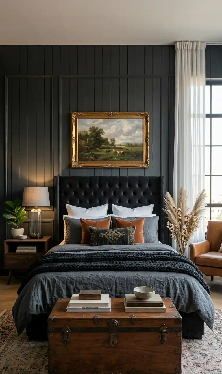 39+ Inspiring Bedroom Ideas: Where Rustic Simplicity Meets Dark Palace Elegance. - Walls & Paint: The wall behind the bed is covered in dark, painted vertical shiplap paneling. Adjacent walls (left and far right) are painted in a matching dark charcoal gray. The ceiling is a contrasting white.