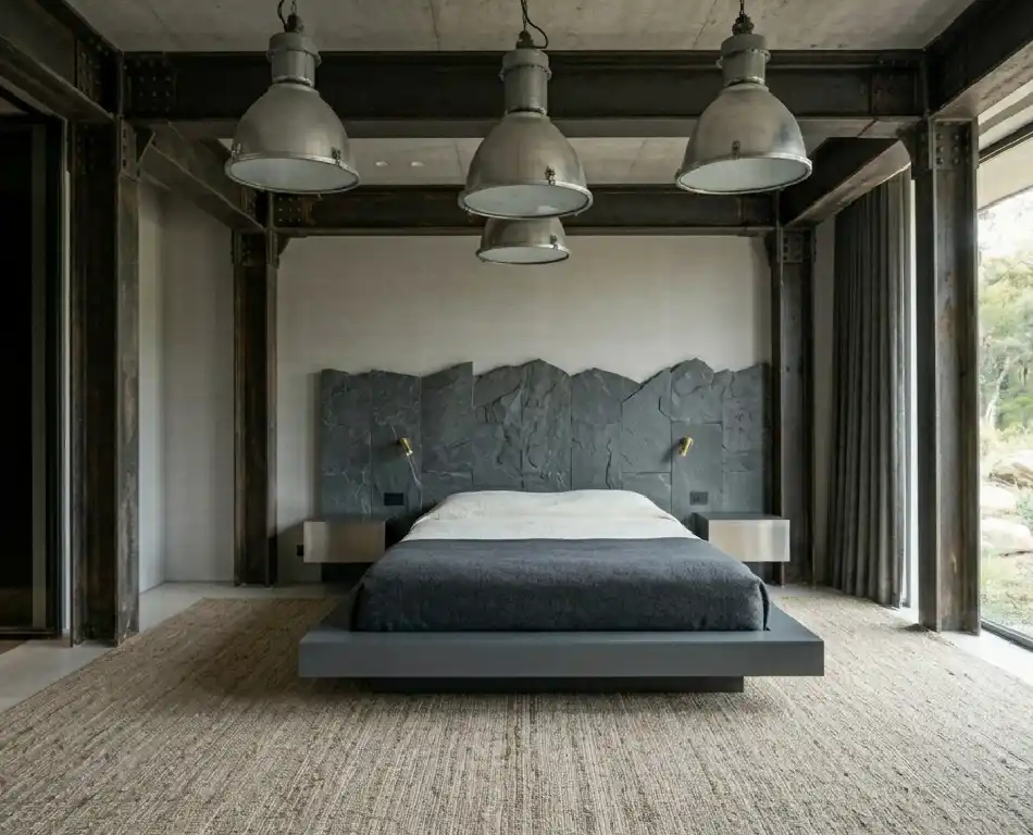 The Art of Japandi: 15  Inspiring Bedroom Designs for a Serene Sanctuary -  Cast Iron and Slate Grey Japandi Bedroom Idea  Technical Description: Focusing on heavy-duty materials, this bedroom features a structural system of cast iron pillars and beams that are left exposed to define the room’s perimeter. The primary wall is clad in split-face slate tiles, offering a jagged, mountainous texture that contrasts with the smooth surfaces of the furniture. The bed is a low-slung design with a heavy-duty powder-coated steel base and a hidden support system to give the illusion of a slight hover. The color scheme is a rigorous study in greys: from the light ash of the silk-blend wallpaper to the deep charcoal of the wool-upholstered seating.