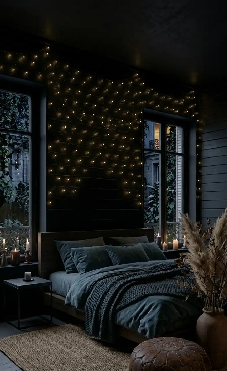 +20 Masterpieces of Shadow: The Ultimate Guide to Dark Moody Bedroom Design -  Using light as a decorative element, this dark moody bedroom idea creates a magical, whimsical atmosphere within a dark color scheme