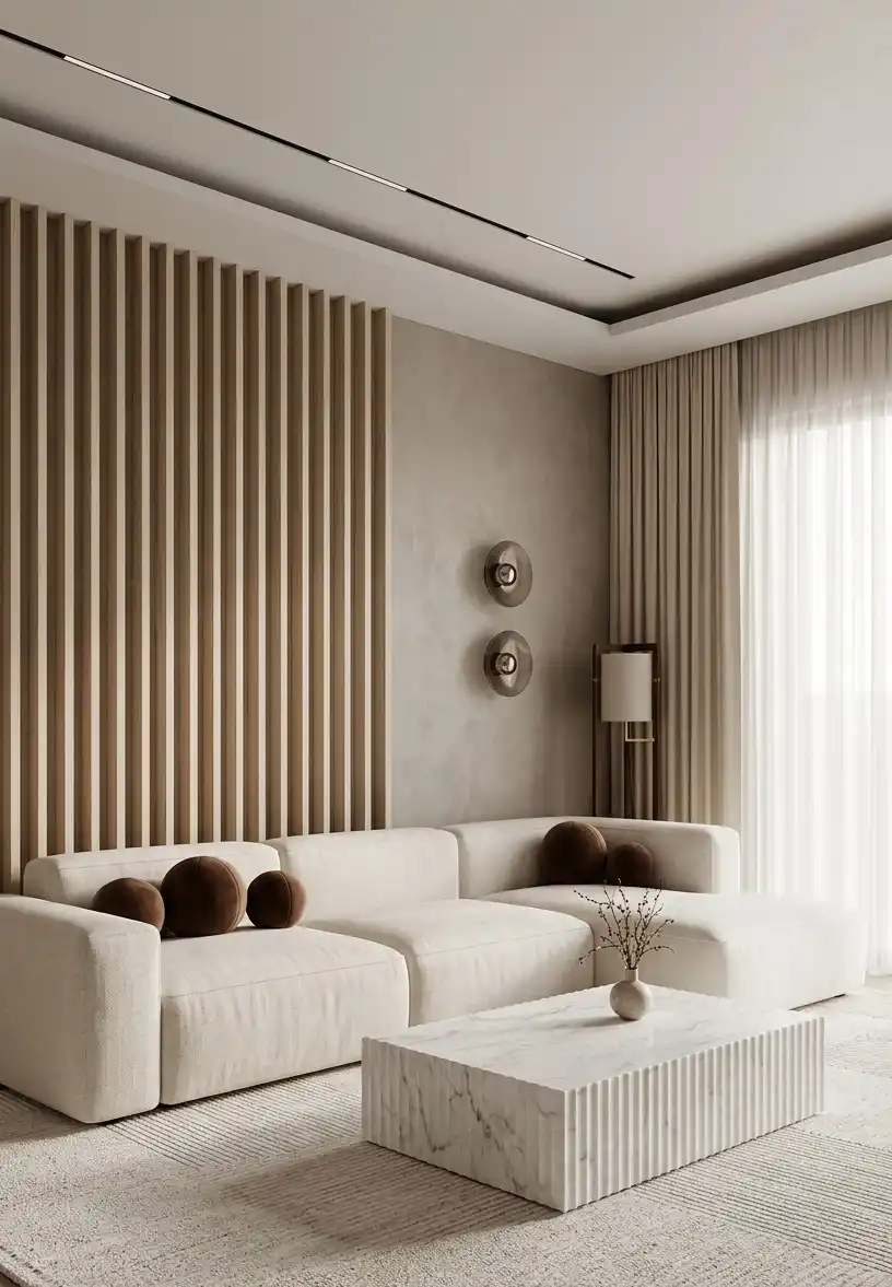  Modern Living Room Idea: The Monolithic Travertine Sanctuary - Modern Living Room Idea: The Vertical Slat & Terracotta Tonalities