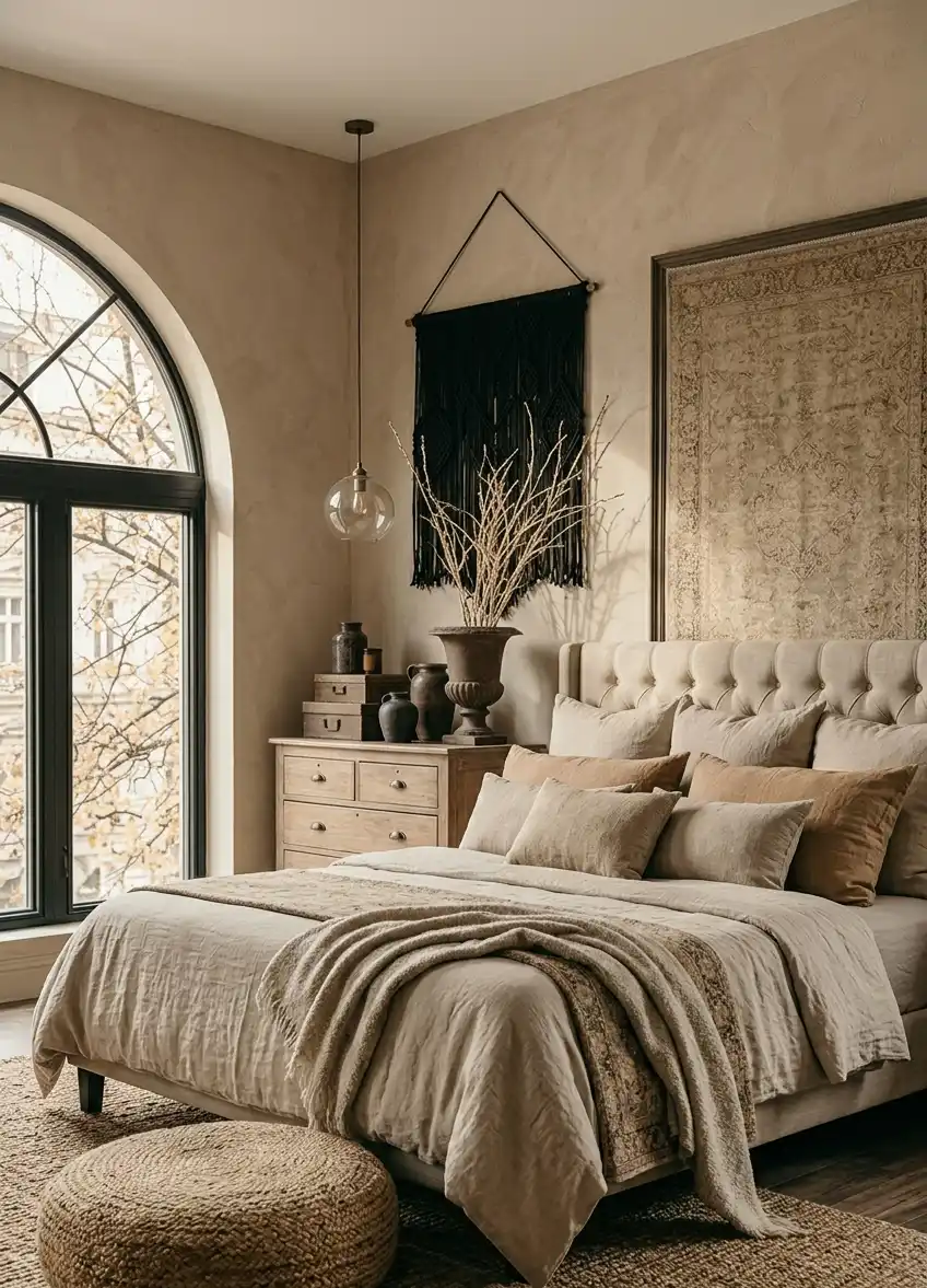 39+ Inspiring Bedroom Ideas: Where Rustic Simplicity Meets Dark Palace Elegance. - A detailed and tactile photograph capturing a serene and cozy, Scandinavian-meets-minimalist bedroom with a dominant monochromatic beige and oatmeal color palette.