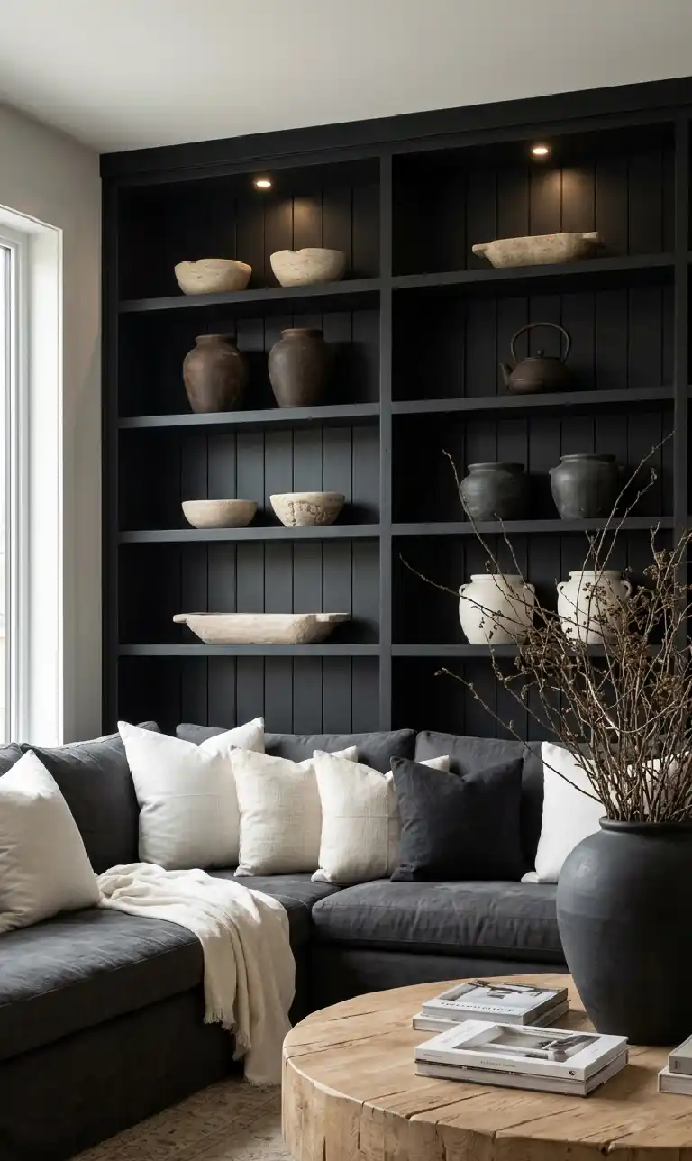 24 Moody Living Room Ideas That Redefine Dark Elegance with Bright Accents - Architectural interior photography of a vertical, moody Japandi-inspired living room corner.
