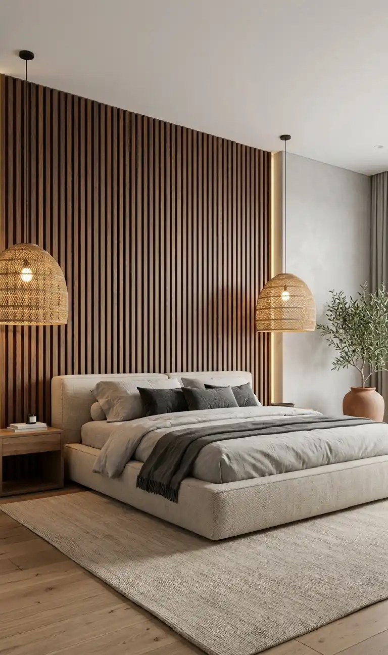 22 Luxury Modern Bedroom Ideas: Mastering the Dialogue Between Structural Volume and Tactile Warmth in 2026 -  LUXURY MODERN BEDROOM DESIGN: THE ARCHITECTURAL SLAT & PENDANT SYMMETRY