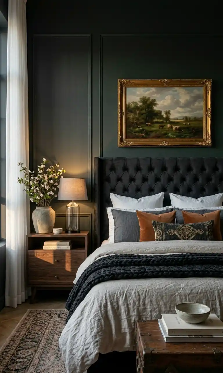 39+ Inspiring Bedroom Ideas: Where Rustic Simplicity Meets Dark Palace Elegance. - Walls & Paint: The walls are painted in a deep, matte, velvet-finish dark olive green (or forest green), creating a dark, enclosed, and cozy ambiance.