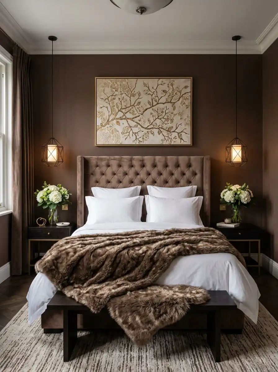 Luxury Mocha Bedroom Idea: The Velvet & Fur Elegance - Luxury Mocha Bedroom Idea: The Bohemian Woodland
