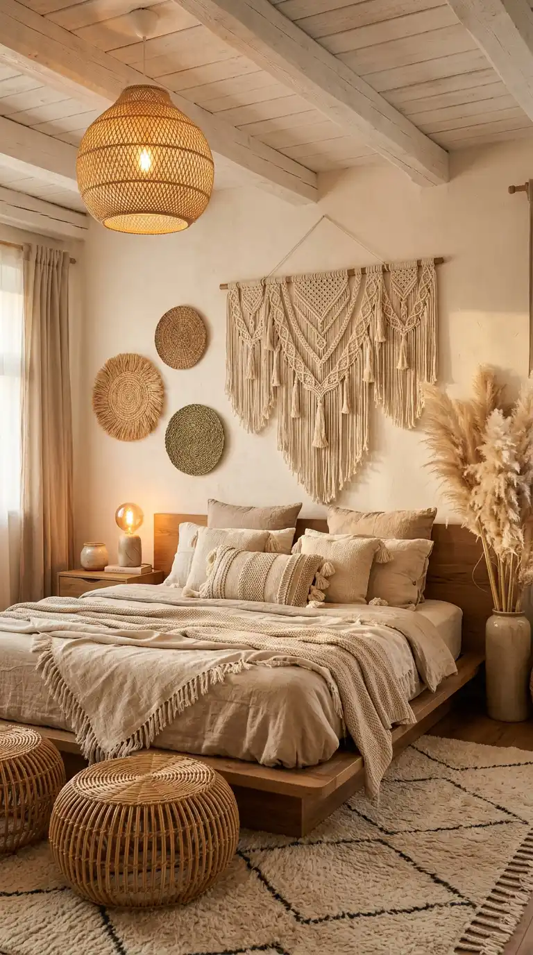 Elegant BOHO Bedroom Idea: The Sun-Drenched Ochre Sanctuary -  Elegant BOHO Bedroom Idea: The Macramé & Pampas Dreamscape