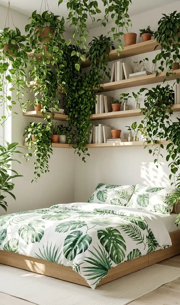 Organic Modern Bedroom: Raw Timber and Highland Texture Fusion - Organic Modern Bedroom: Lush Botanical Sanctuary and Shelving Artistry