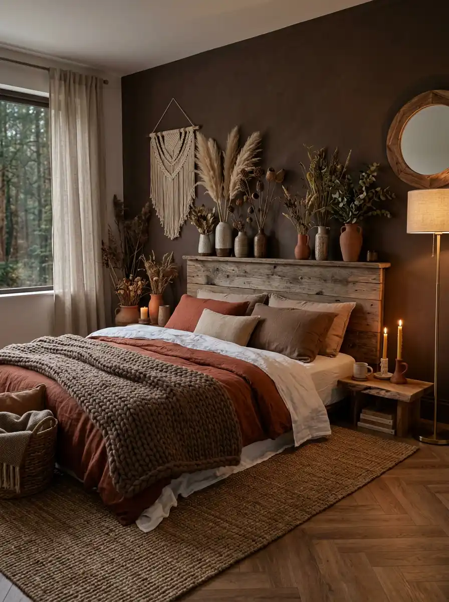 Luxury Mocha Bedroom Idea: The Velvet & Fur Elegance - Luxury Mocha Bedroom Idea: The Bohemian Woodland
