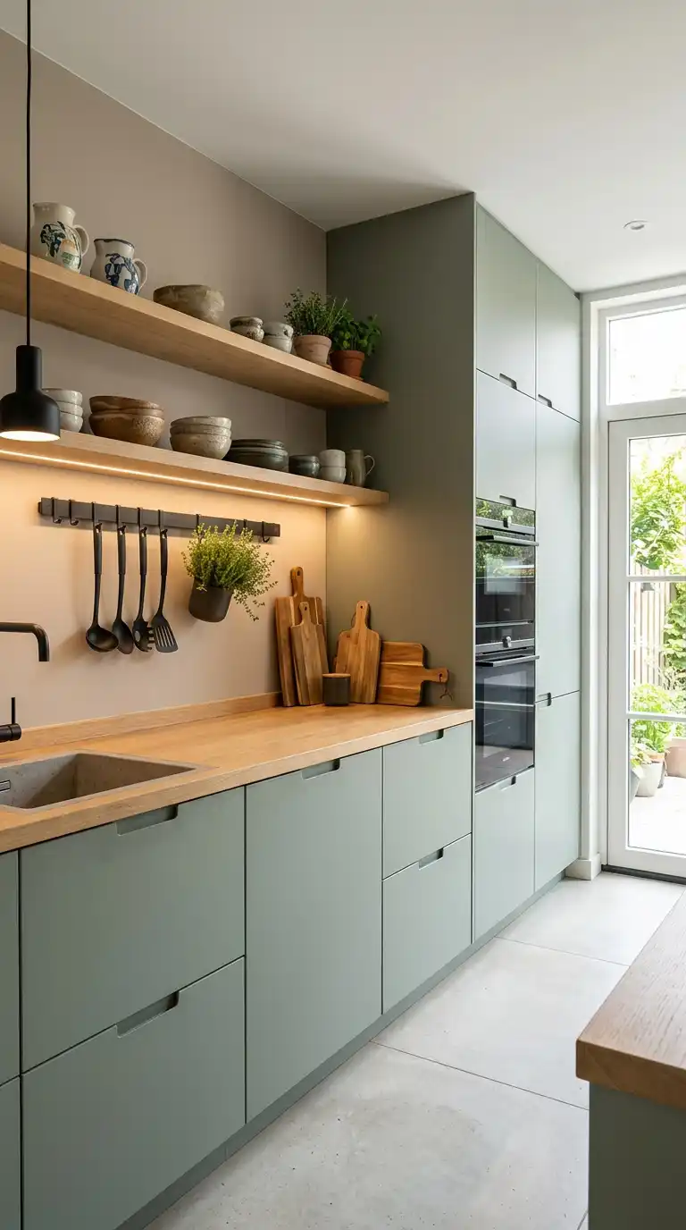 19. Modern Minimalist Functionalism: Sage Green Kitchen Design with Smart Details