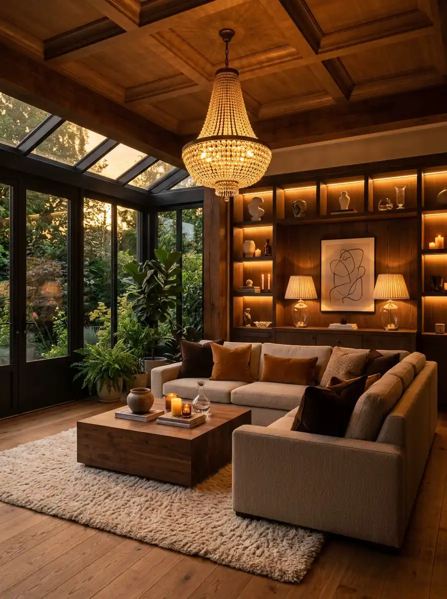 Luxury Organic Modern Living Idea: The Sculptural Monochrome Sanctuary -  Luxury Organic Modern Living Idea: The Amber Glow Conservatory