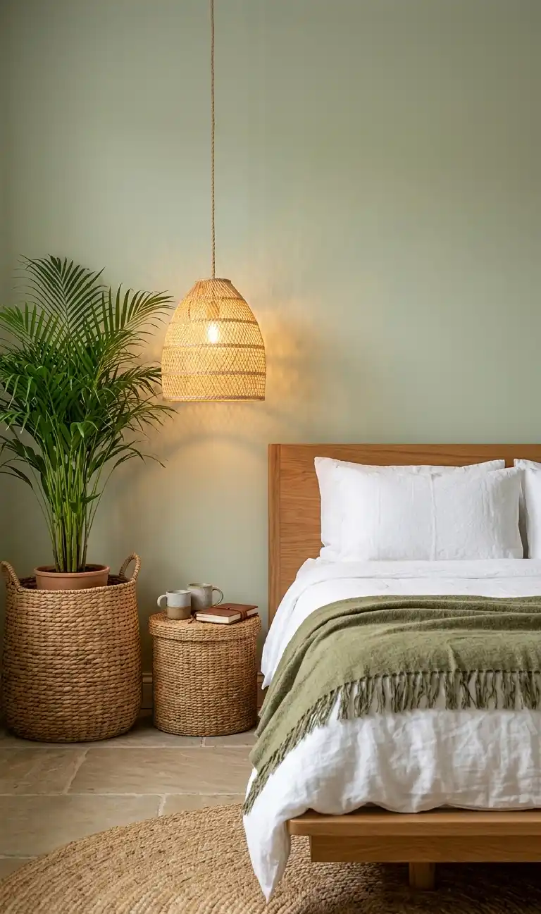 Organic Modern Bedroom: Lush Botanical Sanctuary and Shelving Artistry - Organic Modern Bedroom: Elevated Woven Artistry  Prompt Details: