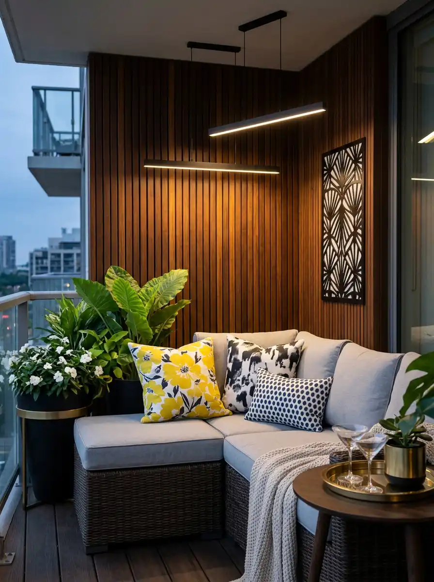 Luxury Modern Balcony Idea: The Verdant Loft - Luxury Modern Balcony Ideas : Tranquil Corner Lounge with Patterned Accents