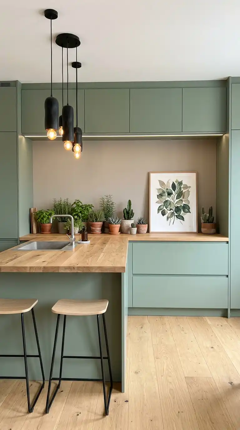 20. Sculptural Scandinavian Simplicity: Sage Green Kitchen Design with Textured Accents