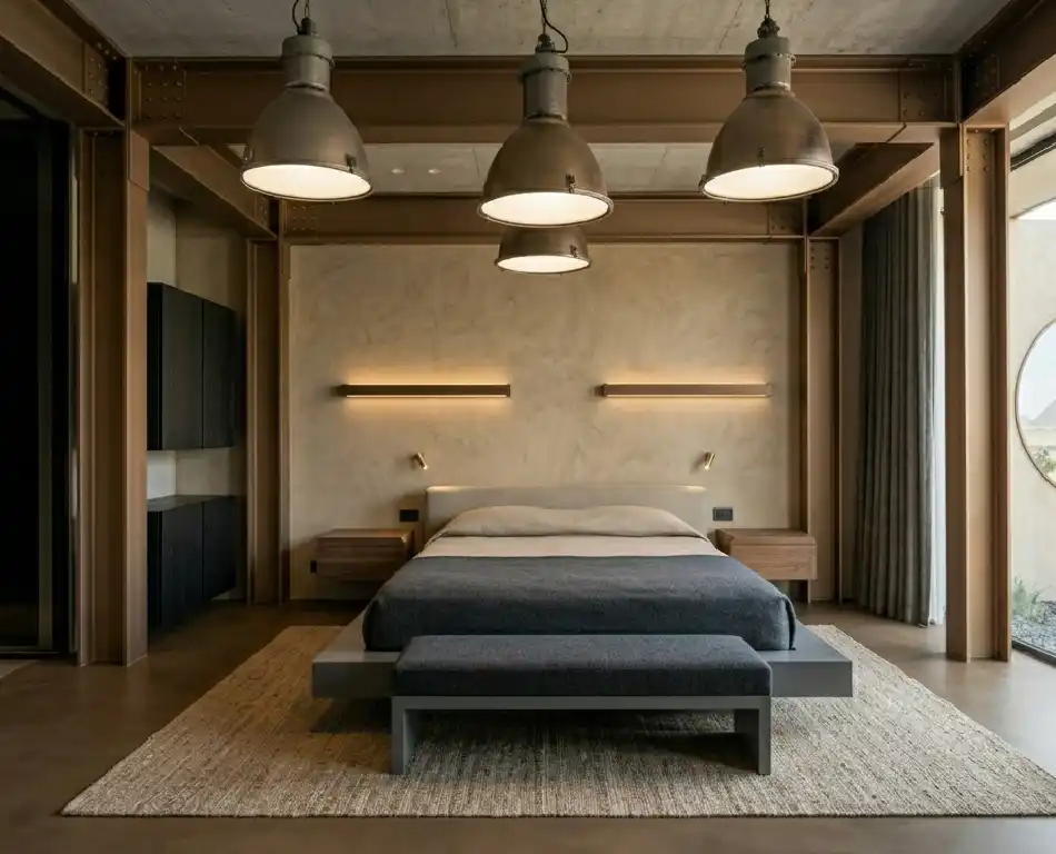 The Art of Japandi: 15  Inspiring Bedroom Designs for a Serene Sanctuary - . Anodized Bronze and Clay Plaster Japandi Bedroom Idea  Technical Description: This design introduces metallic warmth through the use of anodized bronze accents within a clay-based interior. The walls are coated in a thick layer of natural clay plaster, which provides excellent humidity regulation and a soft, matte finish. The bronze is used for structural trim, door handles, and custom bedside lighting fixtures. 