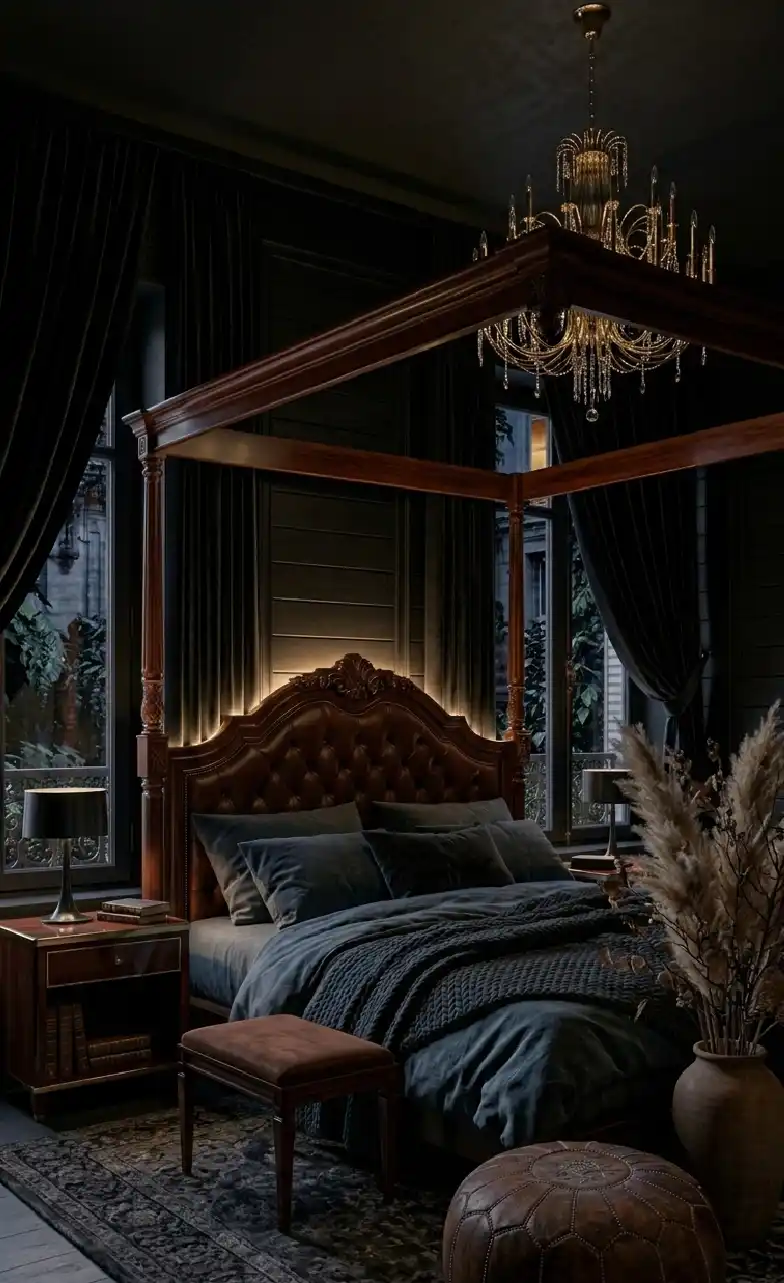 +20 Masterpieces of Shadow: The Ultimate Guide to Dark Moody Bedroom Design - High-end finishes like silk and mahogany define this upscale dark moody bedroom idea, making it