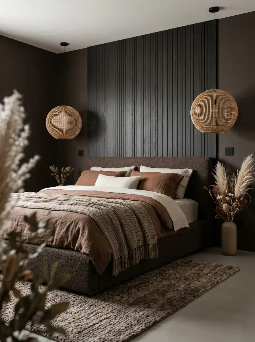 Luxury Mocha Bedroom Idea: The Walnut & Charcoal Sanctuary - Luxury Mocha Bedroom Idea: The Dark Moody Forest View